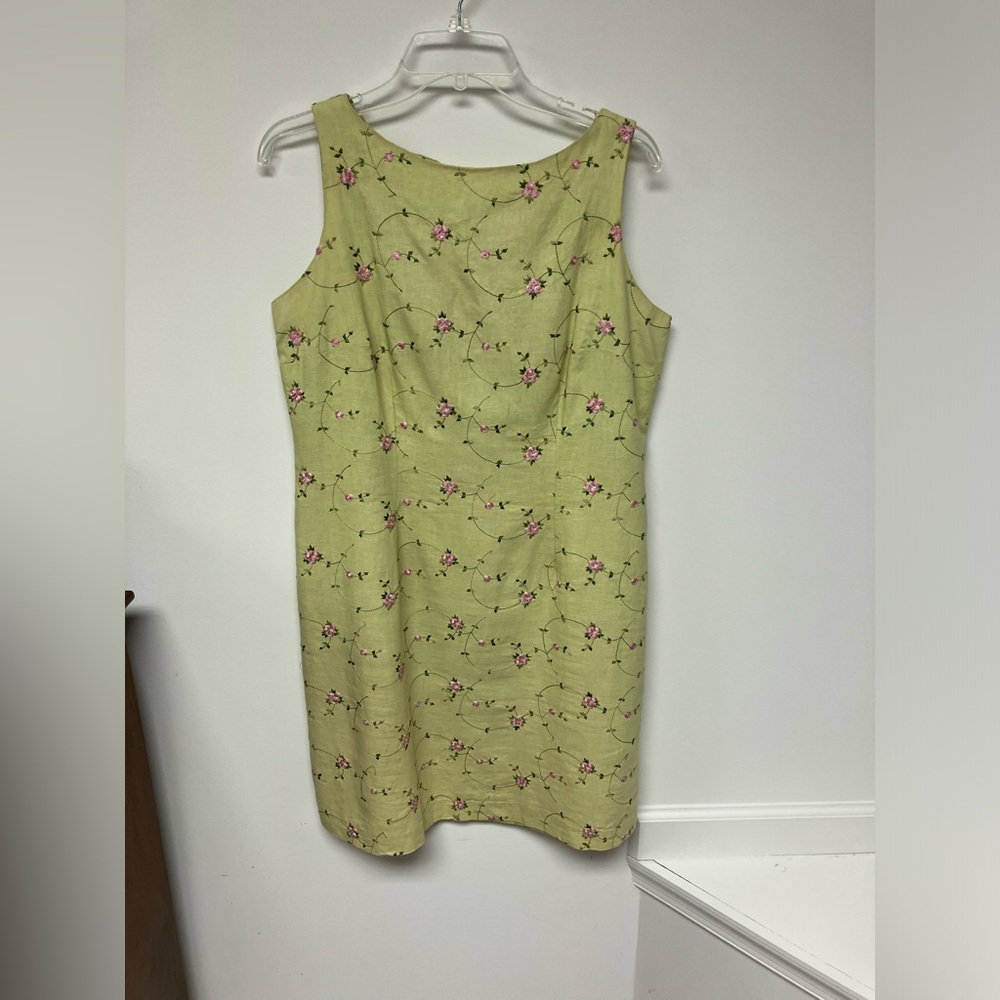 Sheri Martin Petite Dress, Chartreuse with pink & Green embroidered flowers, 12P